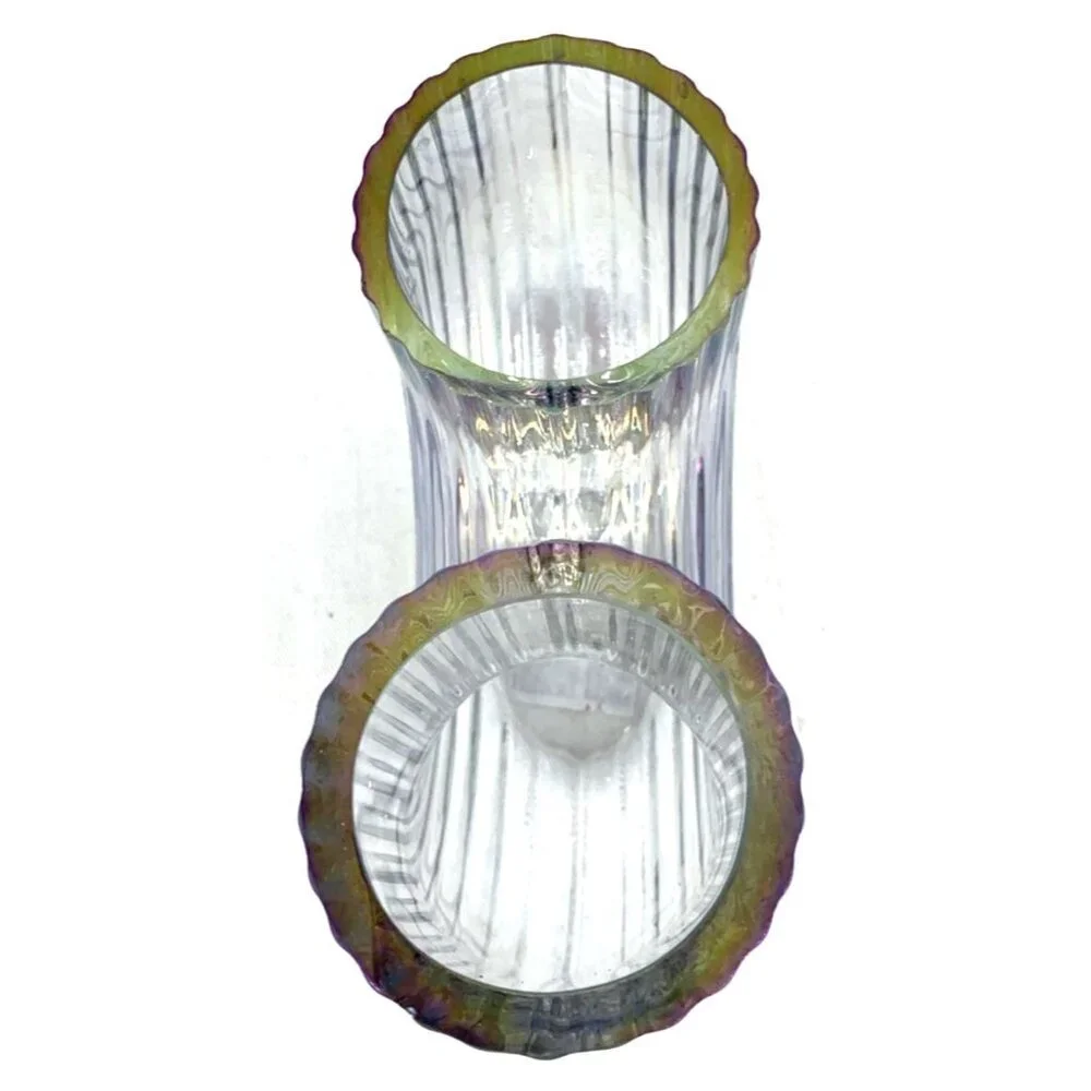 IKEA Raffelbjork Iridescent Glass Vase 4¾” J Shape Ribbed Mother-of-Pearl